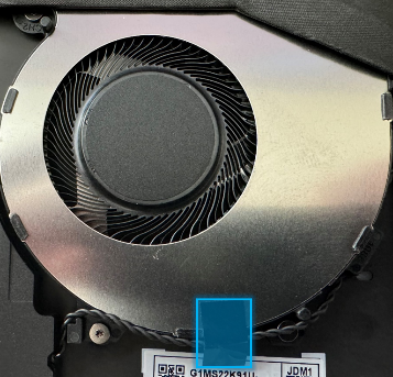 Screenshot that shows the right speaker tape location on the fan assembly.
