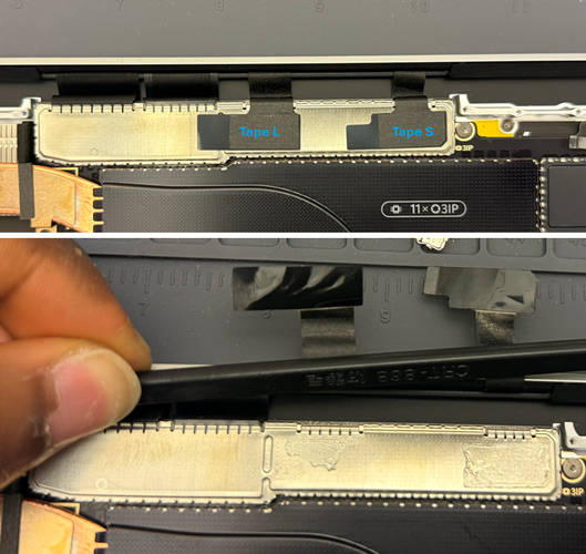 Screenshot that shows peeling the Display Assembly S & L tapes from the top of the T3 Shield Lid.