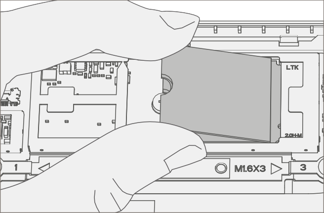 Diagram that shows the SSD being lifted out of the mainboard socket at roughly a 15-degree angle.