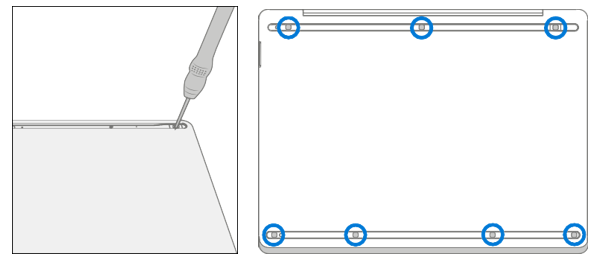 Screenshot that shows the seven keyboard mounting screw locations in front and rear recesses.