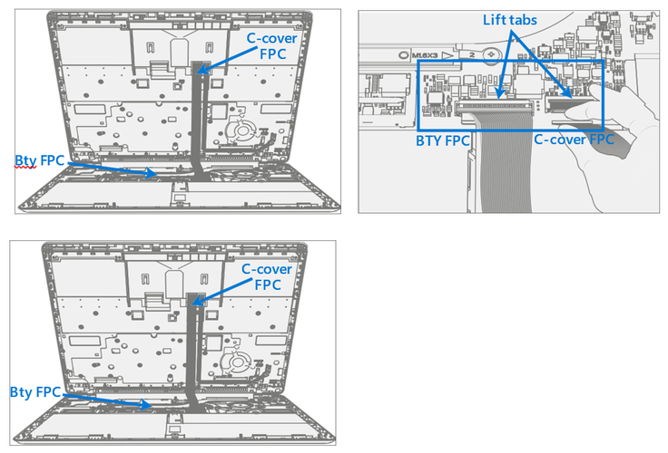 Screenshot that shows lifting connector locks and disconnecting battery and keyboard FPC cables.