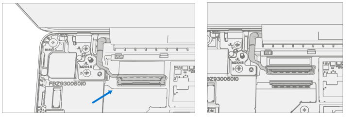 Screenshot that shows lifting display connector buckle then sliding cable out of mainboard socket.