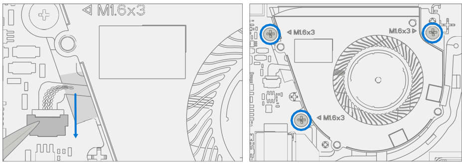 Screenshot that shows securing fan assembly with three screws and reconnecting fan cable.