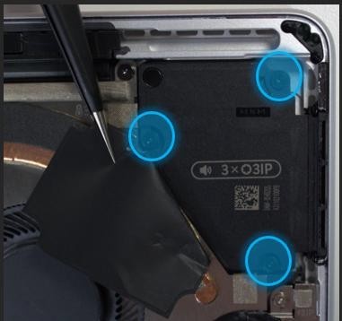 Screenshot that shows right speaker screws accessed while bending graphite sheet without removing it.