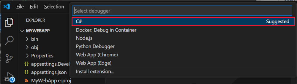 Screenshot of choosing Select debugger in the Command Palette.