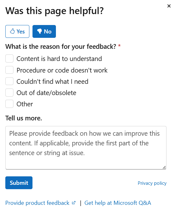 Screenshot of a blank GitHub issues form to submit feedback on a documentation article.