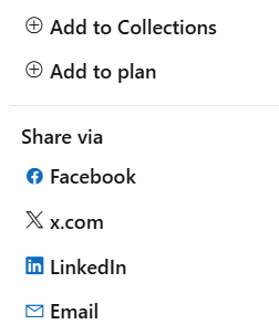Screenshot showing the share options menu on a Microsoft documentation article.