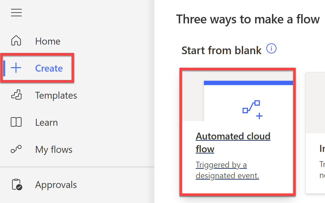 Screenshot of the Create option and the Automated cloud flow action.