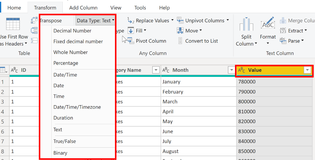 Select data type under transform ribbon