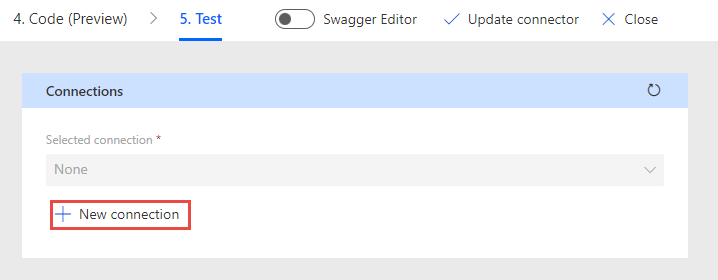Screenshot of the New connection button on the Test tab.