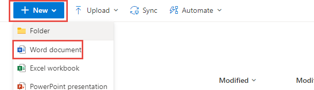 Screenshot of the create new Word document button.