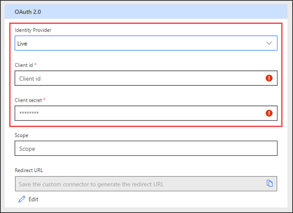 Screenshot of the form for specifying Live (Microsoft account) OAuth 2.0 authentication parameters for custom connector.