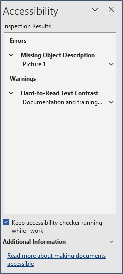 Screenshot of the results of Accessibility checker in Microsoft 365 Word.