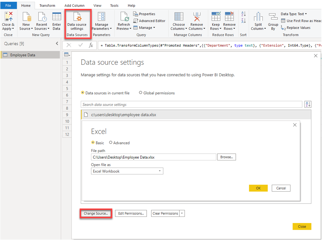 Screenshot of the Data Source settings window in Power BI Desktop.