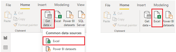 Screenshot of the Home Ribbon get data dropdown menu select excel.