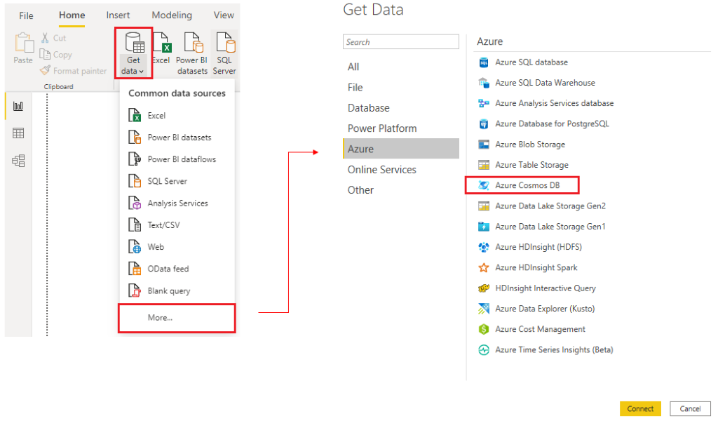 Screenshot of the Get Data from Azure Cosmos D B option.