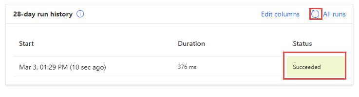 Screenshot of an arrow pointing to the refresh run history button.