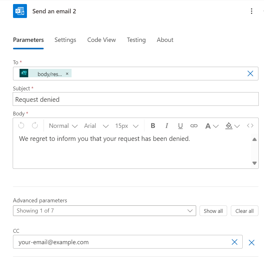 Screenshot showing the send an email action.