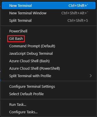 Screenshot that shows the select shell list in the Visual Studio Code terminal window.