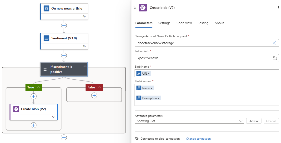 Screenshot shows Create blob action with Bing Search trigger outputs.