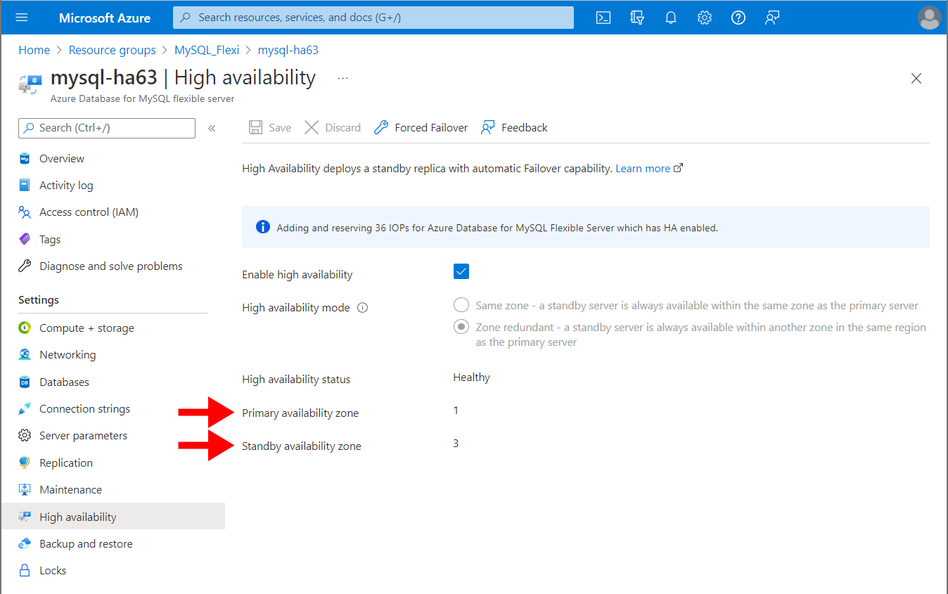 Screenshot showing the Azure Database for MySQL high availability primary zone and standby zone page.