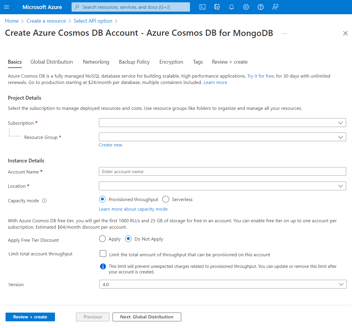 Screenshot showing the Create Azure Cosmos DB Account - Azure Cosmos DB for MongoDB creation page.