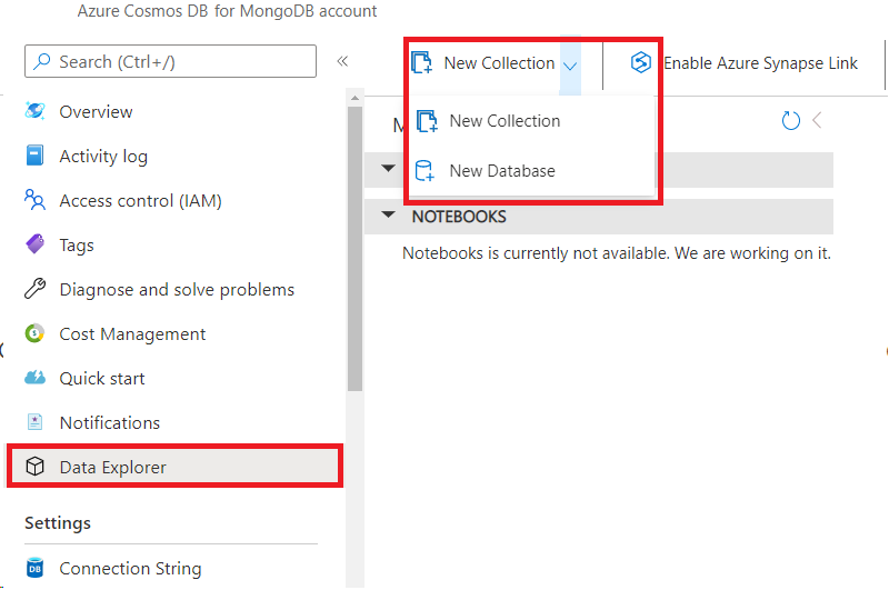 Screenshot showing the create an Azure Cosmos DB for MongoDB database or collection.