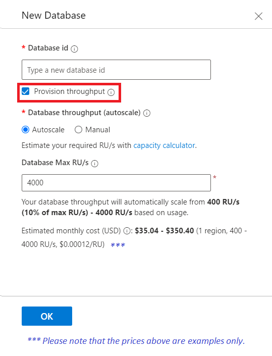 Screenshot showing the create an Azure Cosmos DB for MongoDB database.