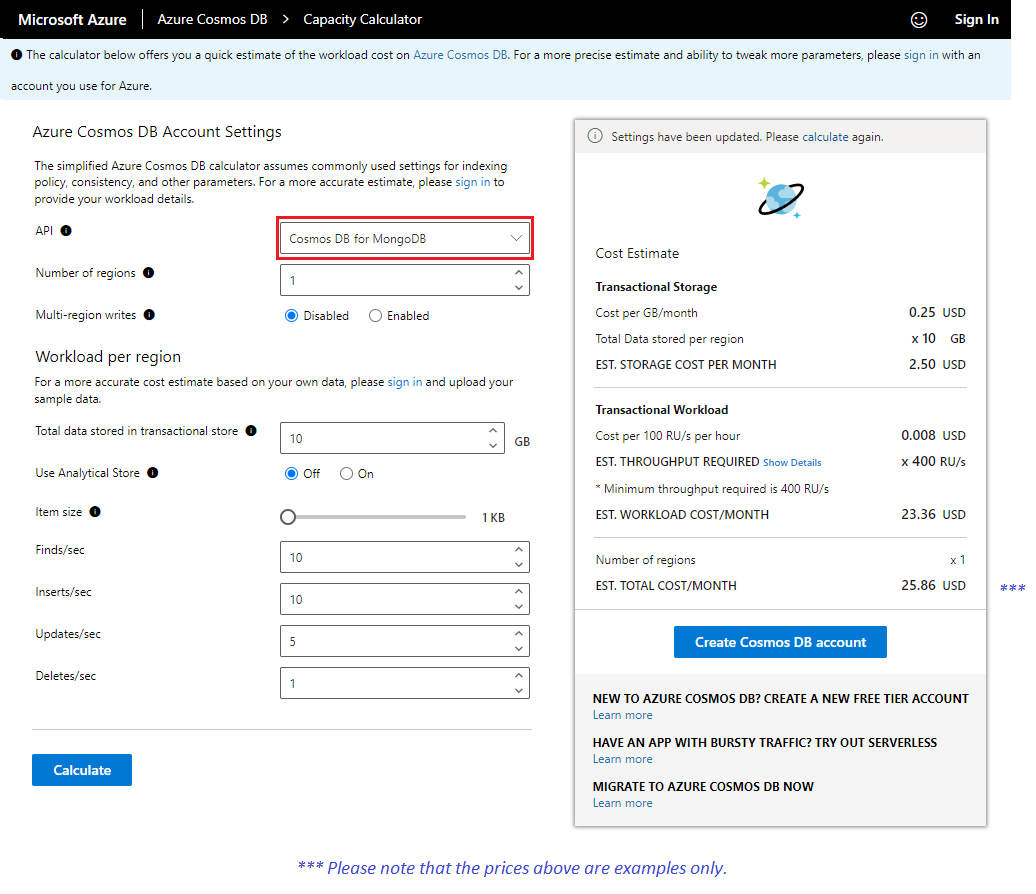 Screenshot showing the Azure Cosmos DB capacity calculator - basic mode.