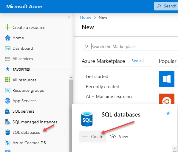 Screenshot showing the Azure portal Azure SQL Database Deployment page.