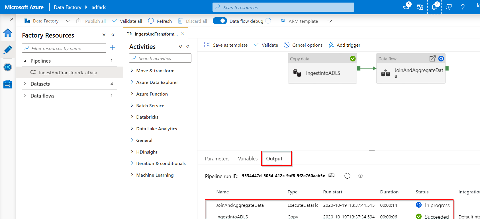 Output tab Azure Data Factory Debug