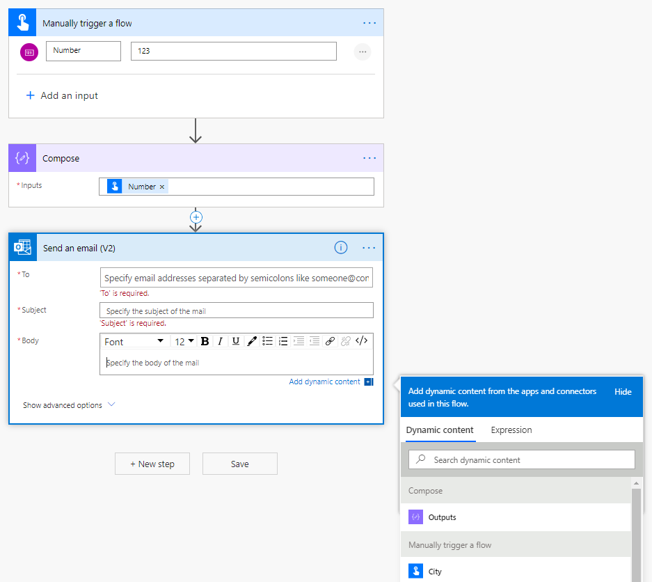 Screenshot to use the Compose action card, which will produce an output of type any.