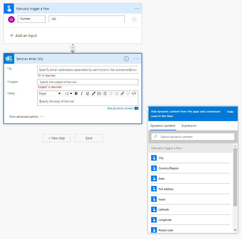Screenshot shows the dynamic content picker filters the dynamic content based on the data type of the parameter.