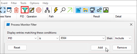 Screenshot of the Process Monitor Filter window with the process ID defined.