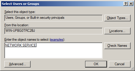 Enter network service in the Enter the object names to select area.