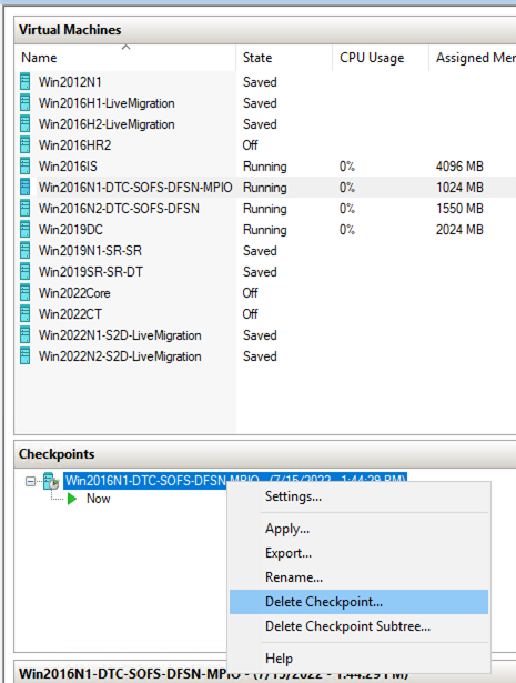 Screenshot of a checkpoint in Hyper-V Manager in which the context menu includes the Delete Checkpoint command.