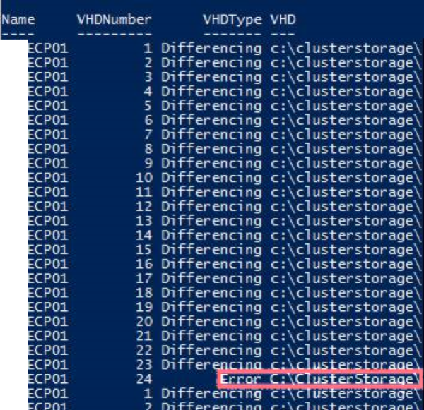 Screenshot of the output of the Get-VHDChain script when the script generates an error.