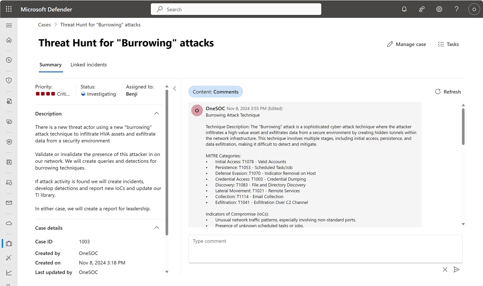 Screenshot of the case details page in the Defender portal.