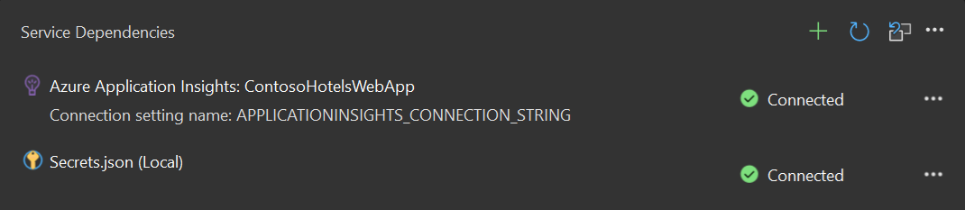 Screenshot showing the new connection listed in the Service dependencies section for the project.