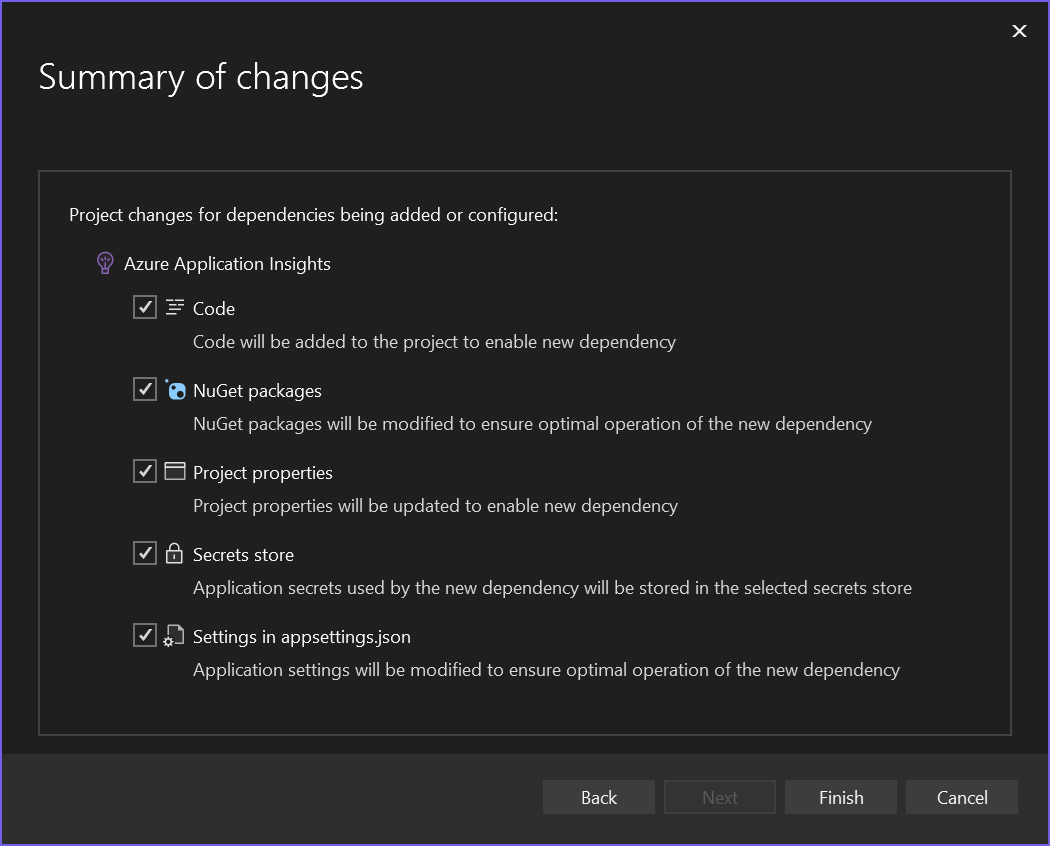 Screenshot showing the Summary of changes screen to create the connection for the application.