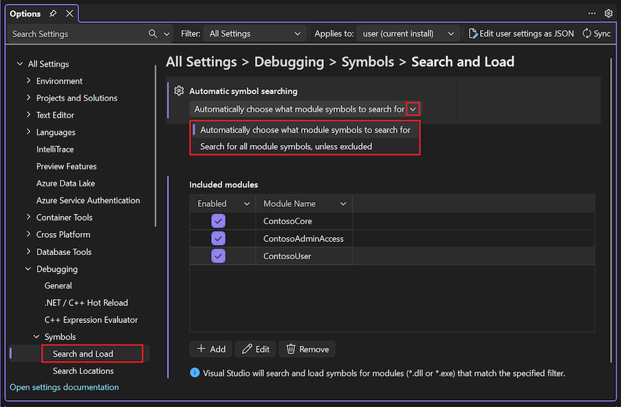 Screenshot that shows how to select and configure the Automatically choose what module symbols to search for option.