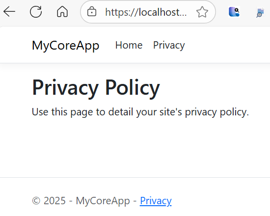 Screenshot shows the MyCoreApp Privacy page with the following text: Use this page to detail your site's privacy policy.