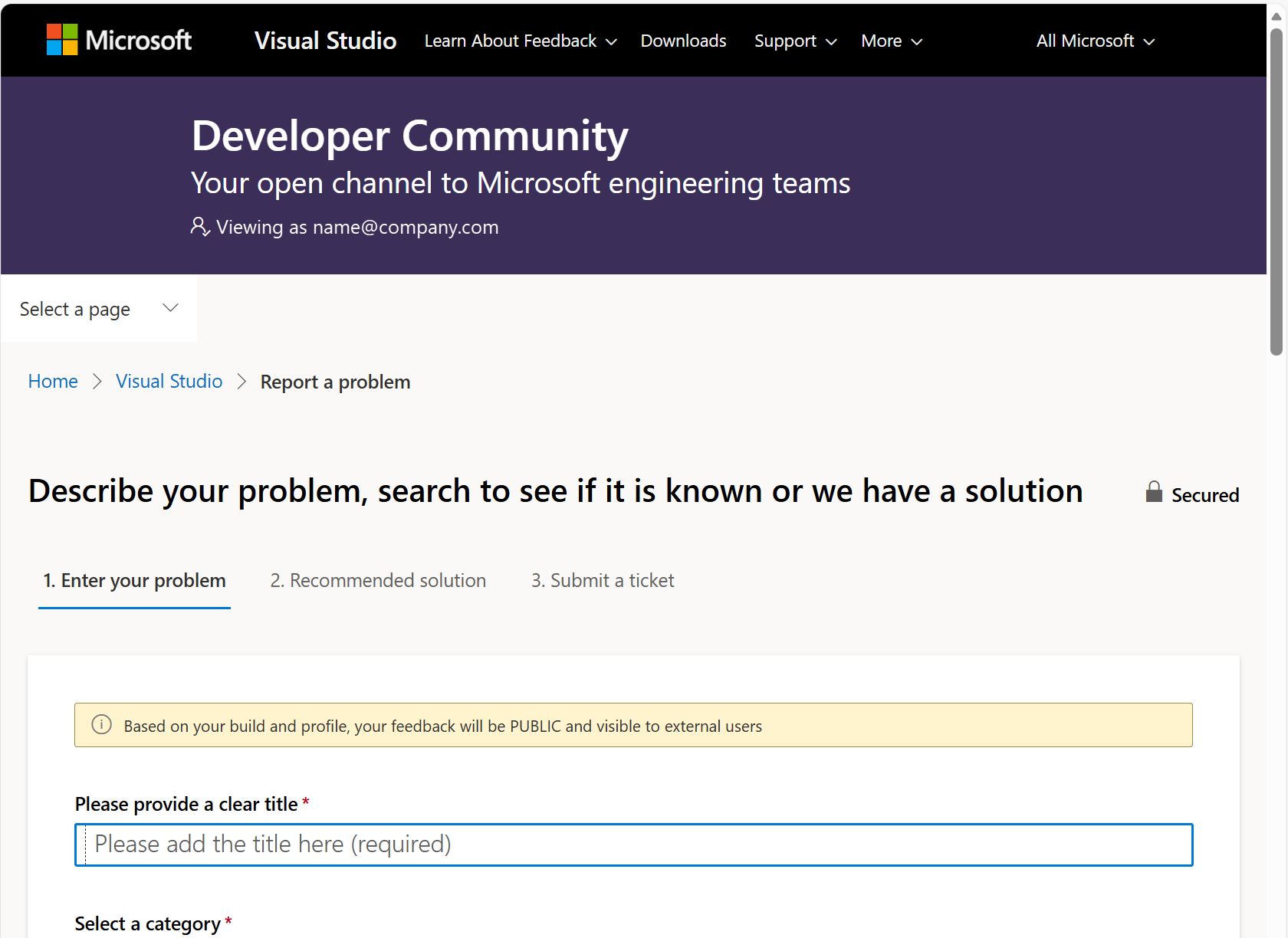 Screenshot that shows how to report a problem.