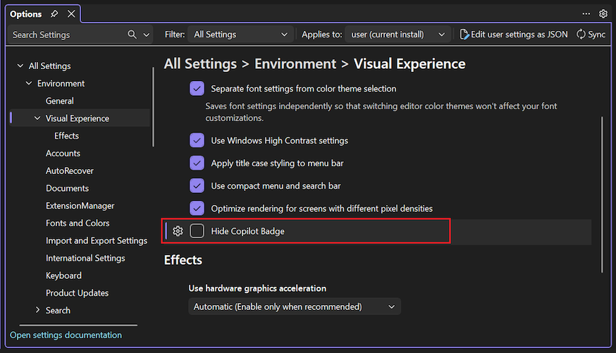 Screenshot that shows how to clear the Hide Copilot menu badge option in Visual Studio.
