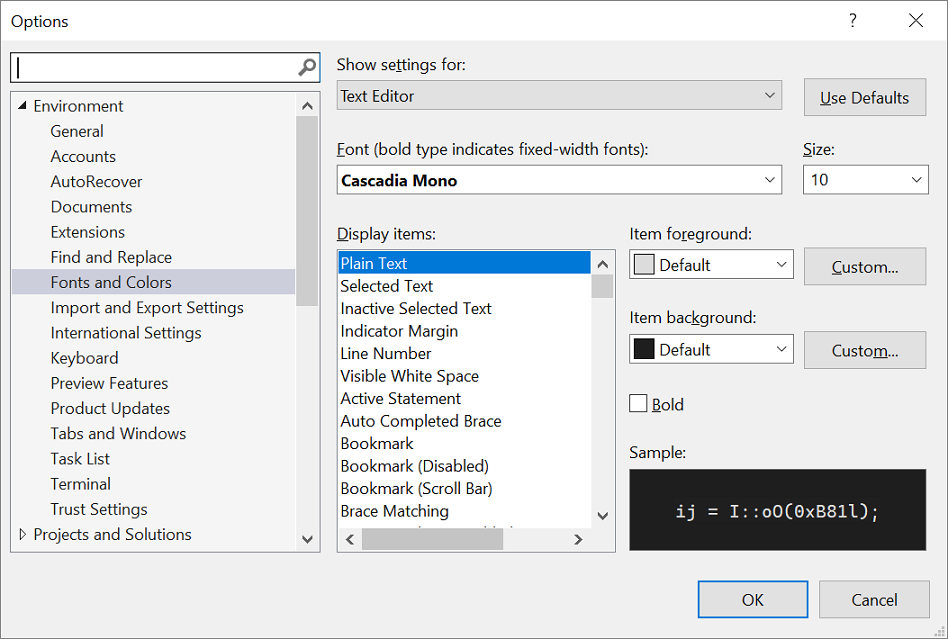 Screenshot of the Options dialog box where you change the font and text size in the editor. Screenshot of the Options dialog box where you change the font and text size in the editor