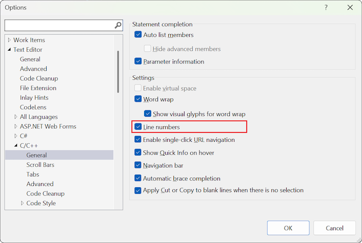 Screenshot of the Options dialog that you can use to show or hide line numbers in the Visual Studio editor.