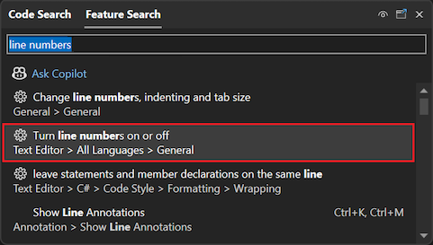 Screenshot that shows how to use the Search feature to configure line numbers for all programming languages.