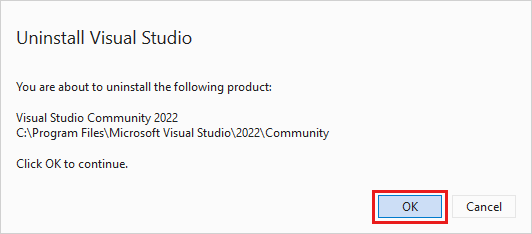 Screenshot that shows the dialog to confirm that you want to uninstall Visual Studio 2022.