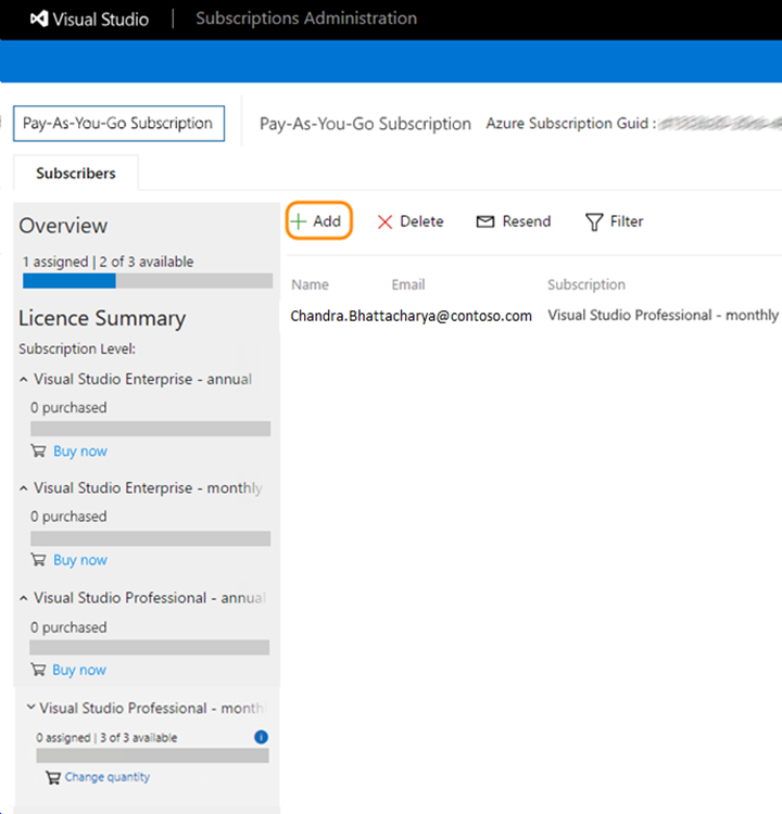 Screenshot of the Visual Studio subscriptions management portal. The Add blade is highlighted. Select 'Add' to assign subscriptions to users. View subscriptions