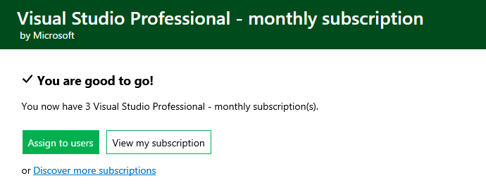 Screenshot of a monthly subscription purchase dialog. 'Assign to users' button is highlighted. Assign subscriptions to others